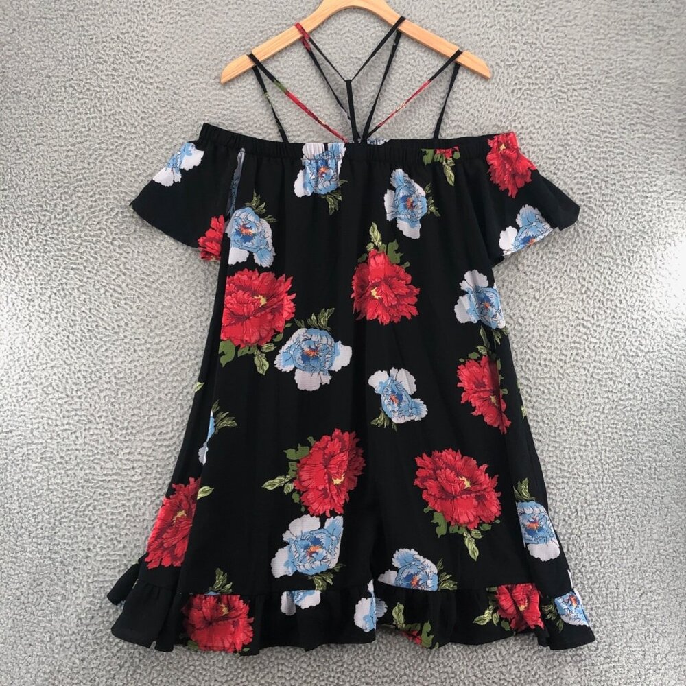 Jodifl Dress Womens Large Red Multi Floral Tent Swing Mini Off Shoulder Strappy